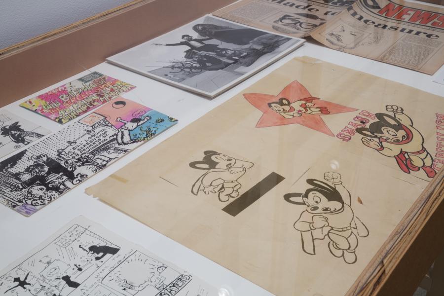 A display case featuring colorful comics, vintage illustrations, and bold graphics focused on countercultural themes.