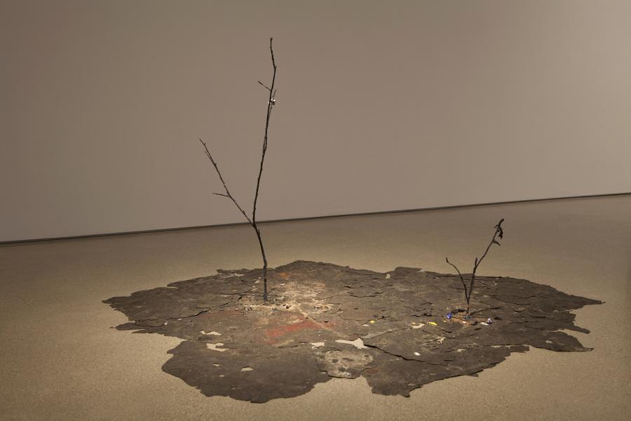 Floor installation featuring cracked, burnt-like material with delicate branches emerging from it, resembling a barren landscape.