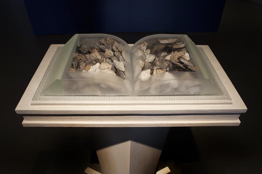 A sculptural book installation with layered glass pages and organic materials embedded within, displayed on a wooden pedestal.