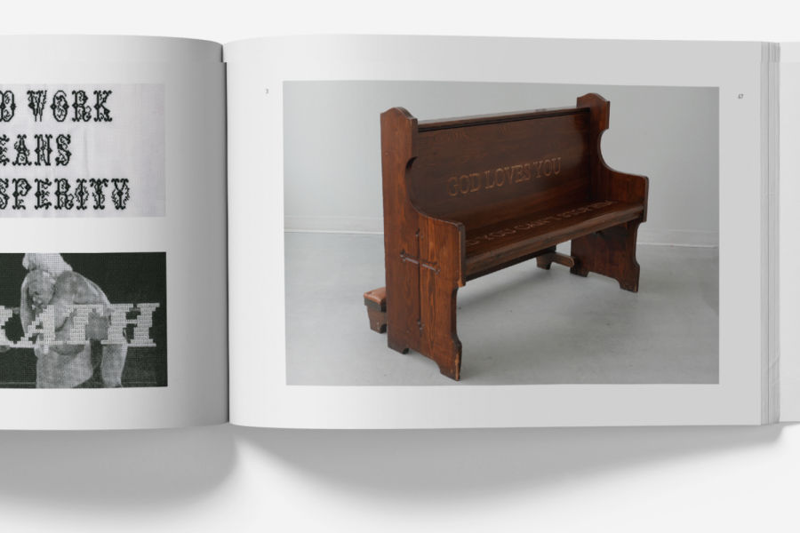 [2:17 PM] Cailyn Harrison A catalogue spread featuring text-based textile art by Ela Wasney