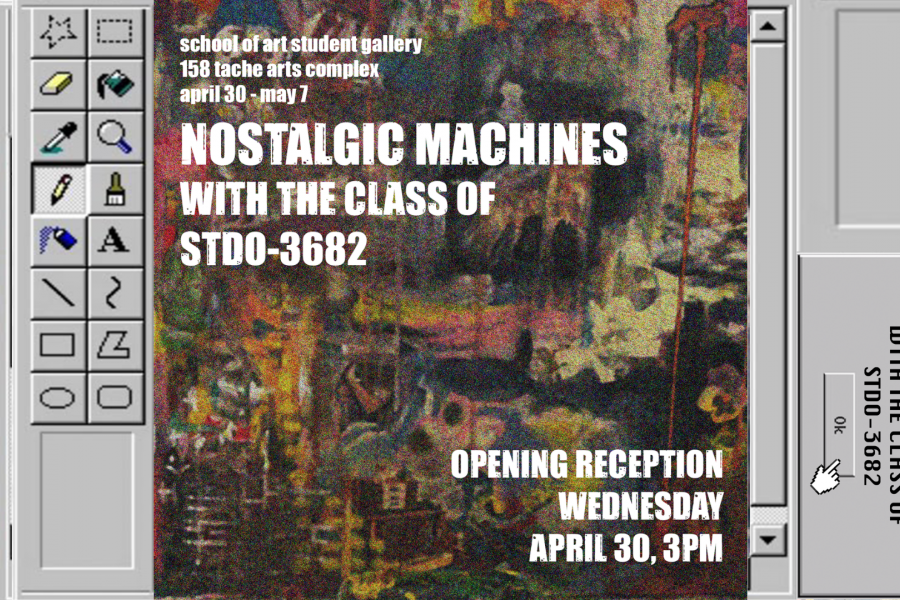 Promotional image for the exhibition Nostalgic Machines by the class of STDO-3682. The design mimics a retro computer interface, featuring a pixelated MS Paint-like toolbar on the left and a Windows-style system message box on the right. In the center, over a textured and abstract painted background, bold white text reads: