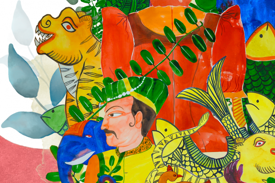 A brightly coloured painting in the style of Bengali scroll art, featuring figures, animals, and fish.