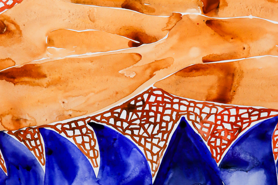 Detail of a watercolor painting by Laila Fazal showing a rhythmic arrangement of deep blue triangles and an orange patterned form against a warm brown background, emphasizing textile-like geometry.