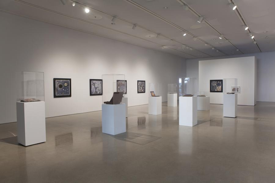 Gallery view of Homage exhibition with framed microbial photographs and archival tools in vitrines.