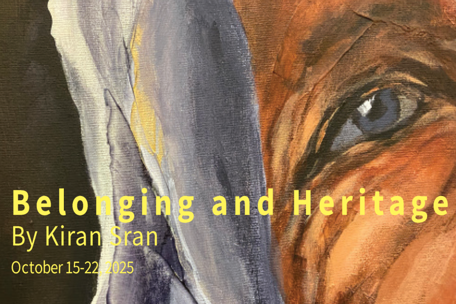 close-up painting of a person’s eye and surrounding face, partially framed by draped fabric in soft grey and white tones. Bold yellow text overlays the artwork with the exhibition title, artist name, and dates: elonging and Heritage by Kiran Sran, running October 15–22, 2025.