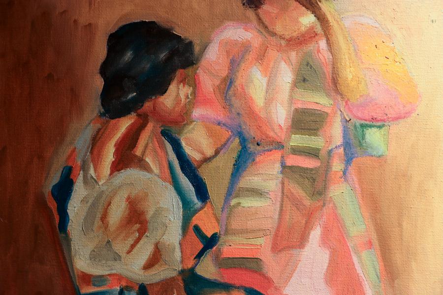 Painted scene of two loosely rendered figures in warm, muted tones, shown in close proximity