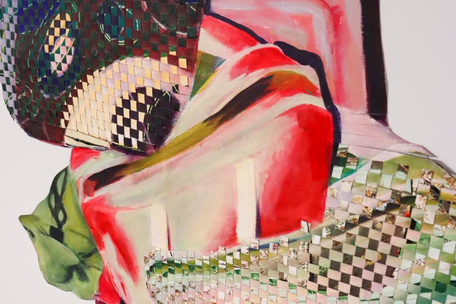 Mixed-media artwork combining painted organic forms with woven, patterned surfaces against a white background.