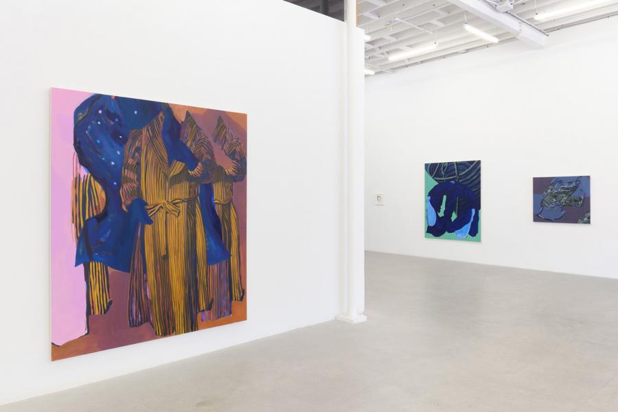 Gallery view of large-scale abstract paintings mounted on white walls, featuring layered figures, gestural marks, and bold colour fields.