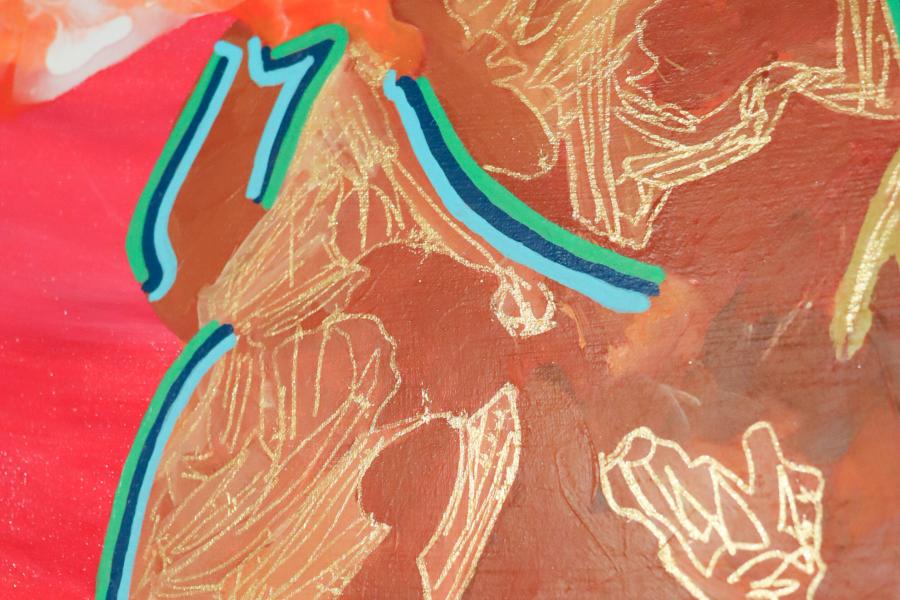 Abstract painting with swirling orange and red forms, outlined shapes, and fine gold line drawings.