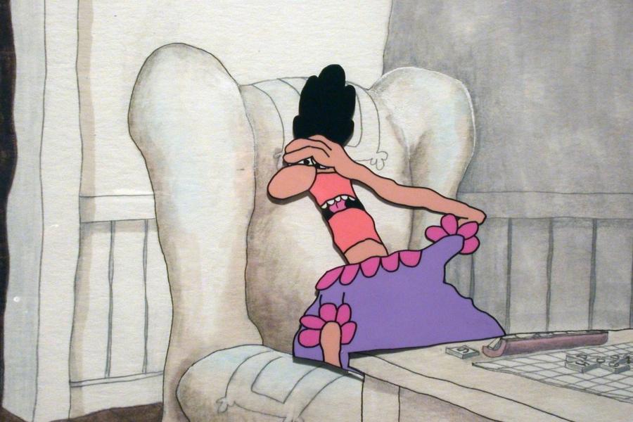 Animation still of a cartoon woman in a purple outfit playing scrabble, laying back in her chair with her hand covering her eyes and her mouth open. The figure is made of solid vibrant colours, but everything around her is painted in desaturated watercolours.