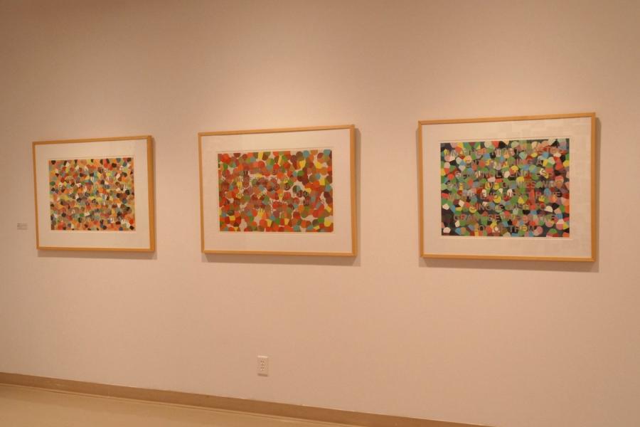 Three artworks, comprising dots obscuring captions reading “oh, you know the art world. It’s hard really trying to shake off last night’s hangover. While running to catch the bus to tonight’s orgy.”, “all that time spent at all those jobs to make all that money to buy all those drugs just to have all the same hallucinations as all those other people”, and “another night wasted entertaining a seemingly endless parade of genies who in the end didn’t have a single wish to grant between the lot of them”.