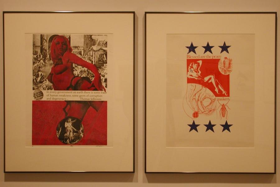 Two graphic collages printed in reds, blacks, and whites. The left contains a woman in lingerie, captioned “In every government on earth there is some trace of human weakness, some germ of corruption and degeneracy…. Thomas Jefferson”. The right is an illustration containing a chart of the female reproductive system with a target, a alluringly posed woman, an insect, and a bird, captioned “Blessed are the peace makers”, and five-point stars.