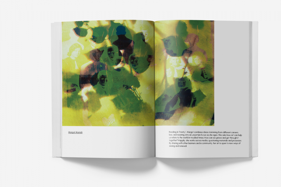 Open BFA catalogue spread featuring a work by Margot Morrish–layered, abstract photographic composition in green and yellow tones with overlapping silhouettes and faces; artist name and descriptive text appear along the bottom margins.