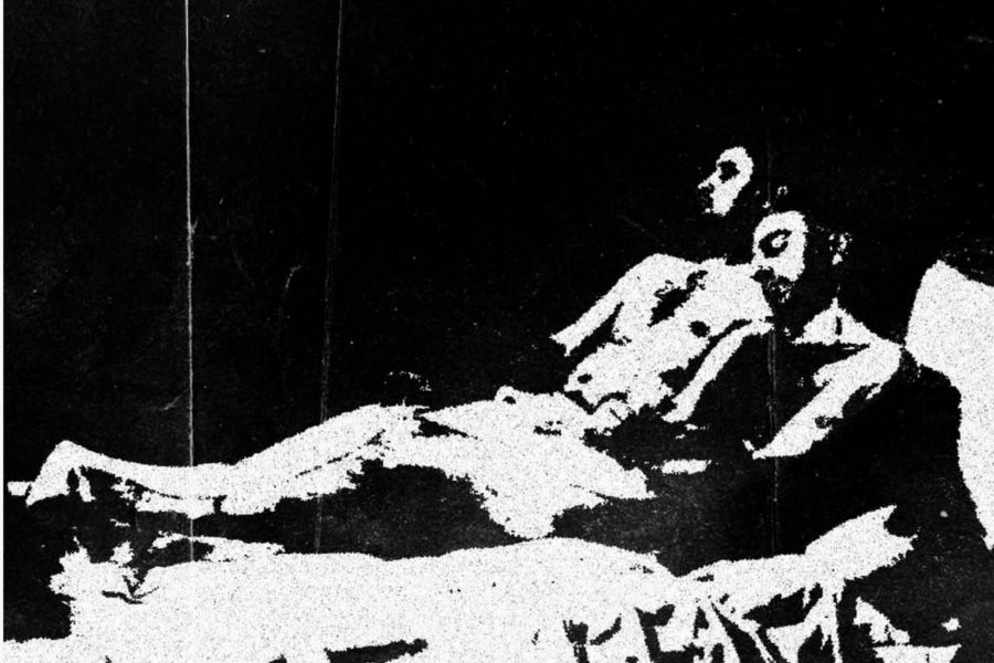 High-contrast black-and-white image of two reclining figures rendered in a grainy, photocopy-like style against a dark background.