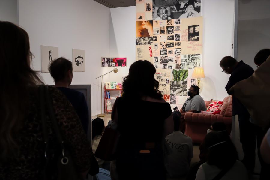 Visitors gathered inside Christina Oyawale's Punk Care Commons exhibition.