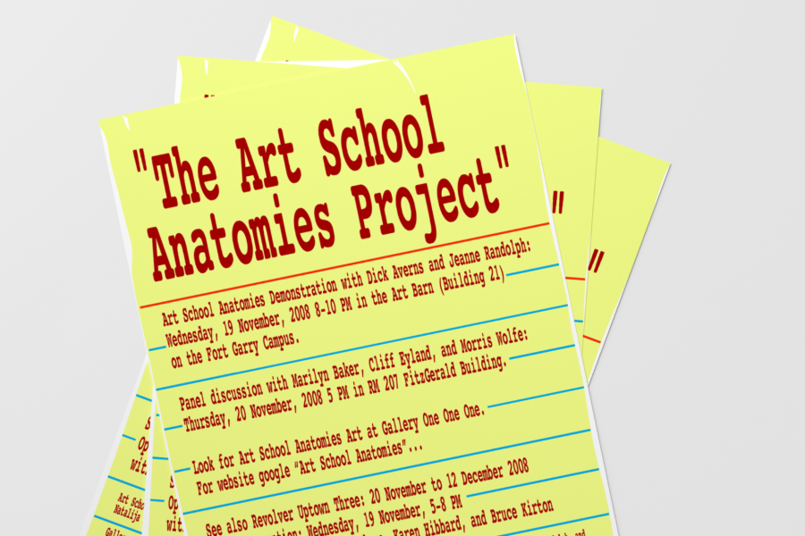 Graphic of overlapping posters promoting The Art School Anatomies Project, with bold red text announcing exhibition events and programming at the School of Art in November 2008.