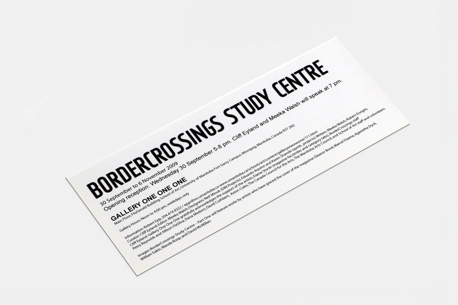 Promotional poster for the BorderCrossings Study Centre exhibition at Gallery One One One, featuring exhibition dates, opening reception details, and information about a talk by Cliff Eyland and Meeka Walsh.