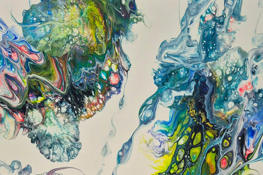 Fluid acrylic painting by Agnieszka Marcinow showing cell-like forms in blue, green, yellow and pink on a cream background.