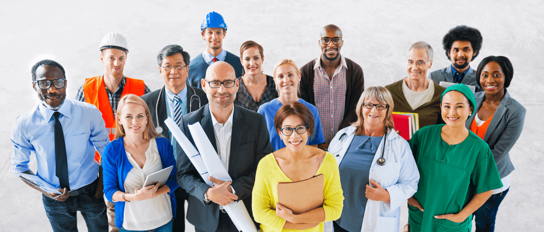 Diverse group of people with different jobs standing together.