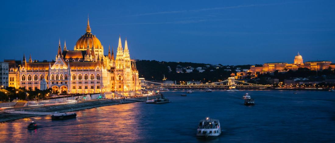Budapest, Hungary skyline at night.
