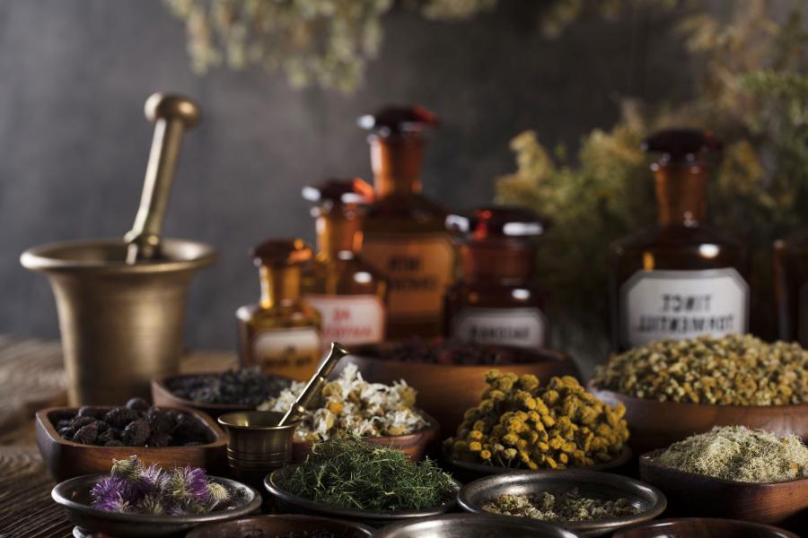 A variety of medicinal herbs in different containers on a tabletop.