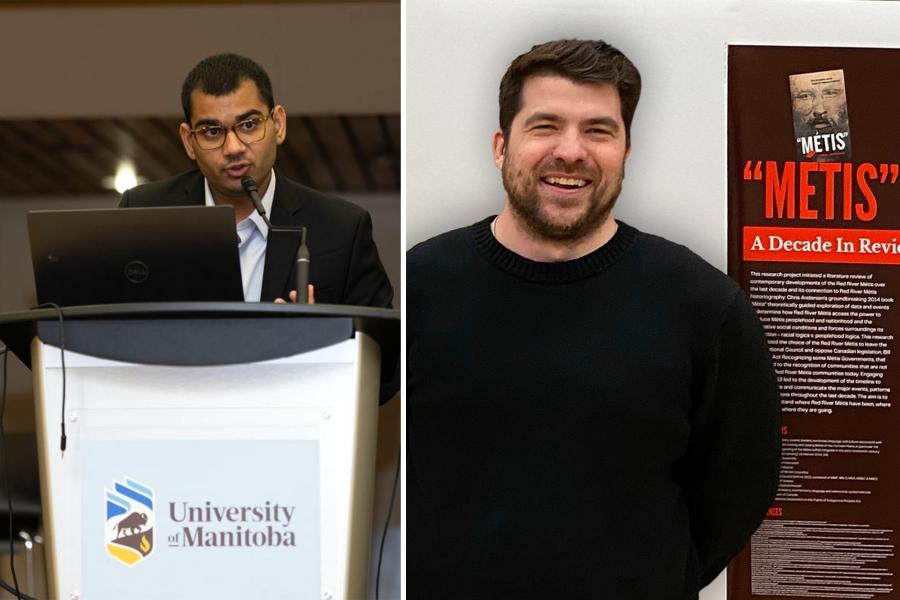 One student presenting at a podium, one student standing in front of their research poster. 