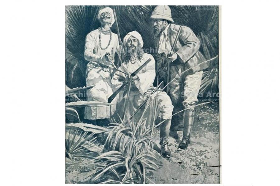 A historical pencil drawing of three men in a jungle. One wearing a pith helmet, two wearing head scarves and long white robes.