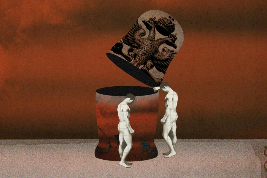 An illustration of two naked figures standing next to an open container that is unusually taller than they are.