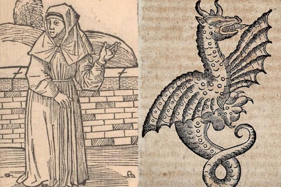 Drawing of a woman in nun's clothing standing in front of a brick wall. Plus, a drawing of a flying dragon.