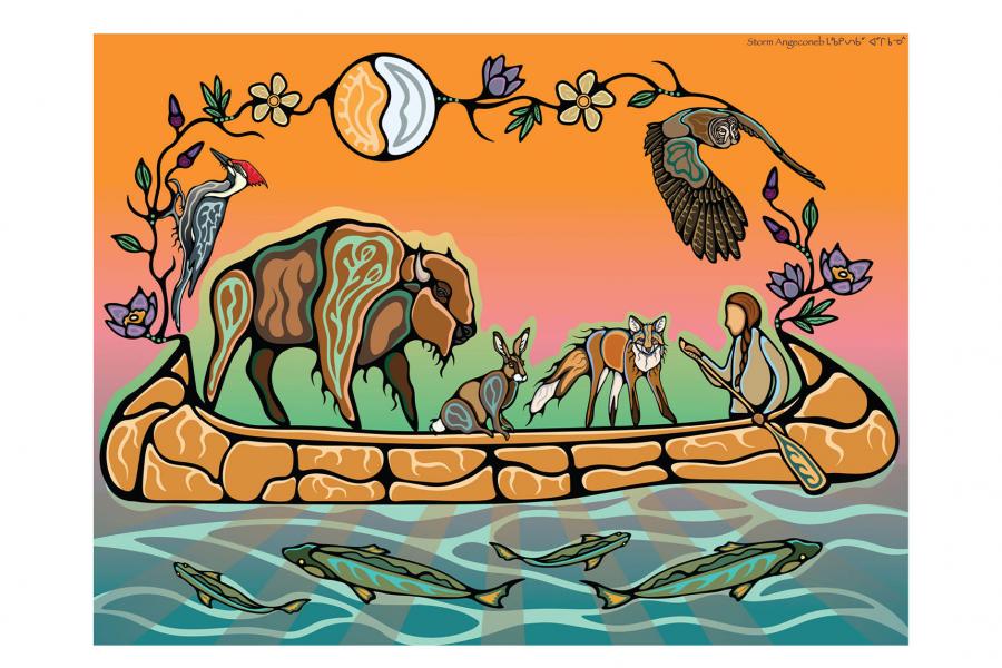 An Indigenous illustration including a person paddling in a canoe with five animals joining them.