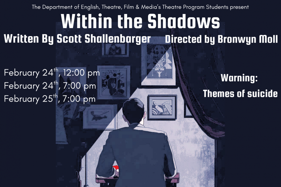 An illustration of a man sitting at a desk with his back facing us. He is looking at a wall of portraits with a spotlight lighting up the centre of the wall.