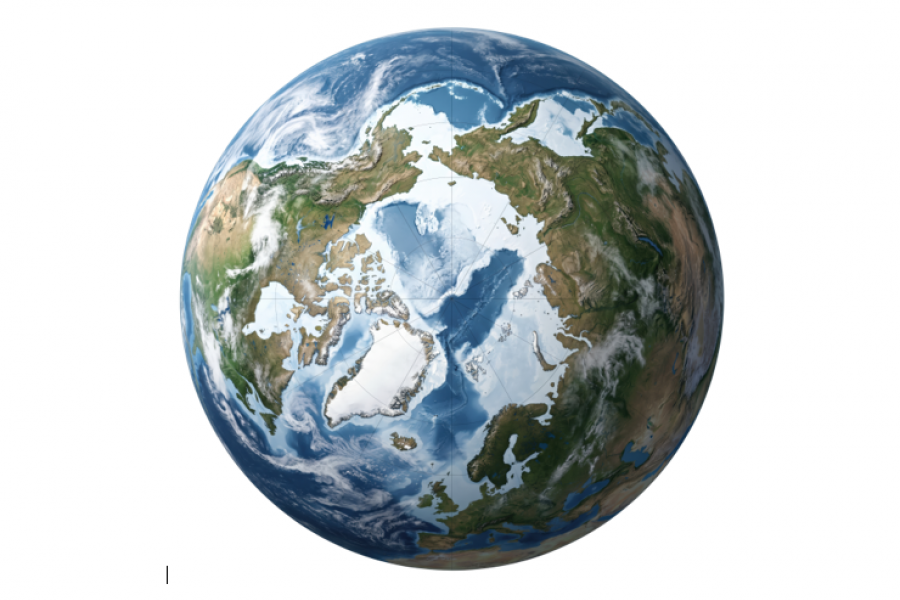 Image of the globe from the top. An arctic view. 
