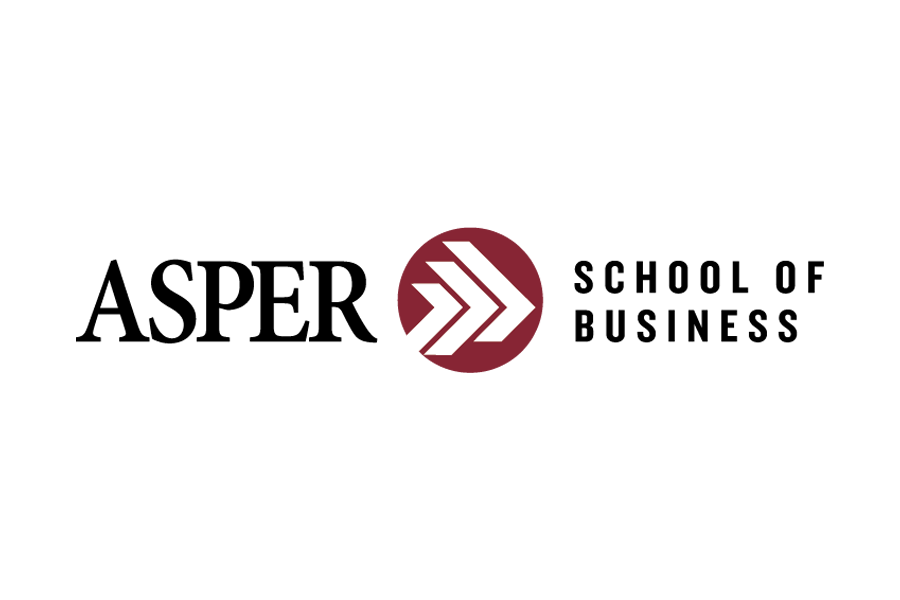 Asper School of Business logo, black text and red chevron.