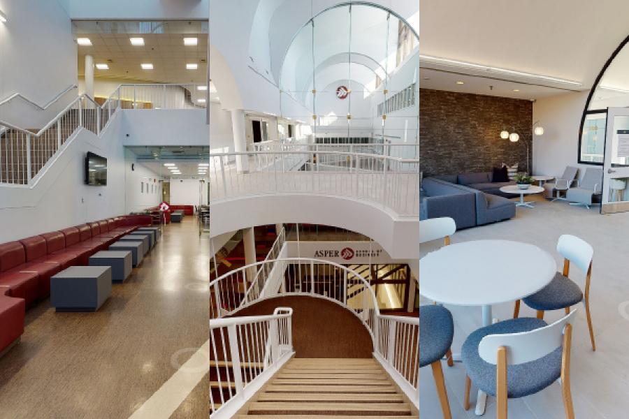 Three images  of the Drake Building side by side - student commons, stairwell, graduate lounge