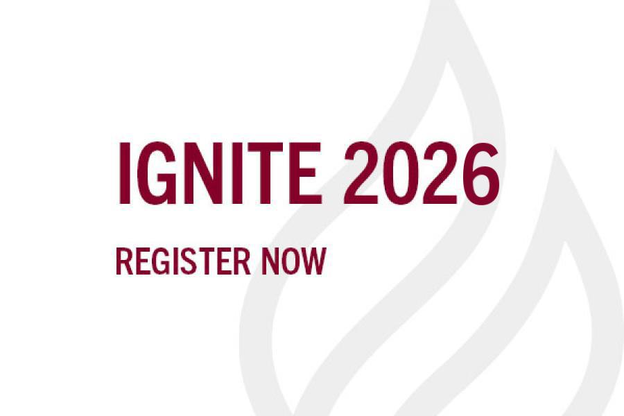 Ignite 2026 register now in red letters over grey background