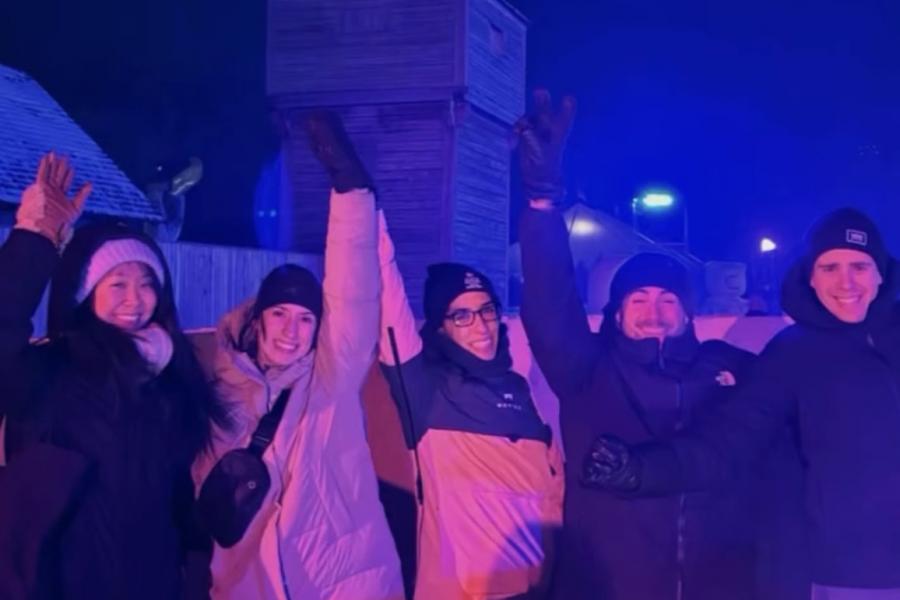 Students pose for a photo at Festival du Voyageur