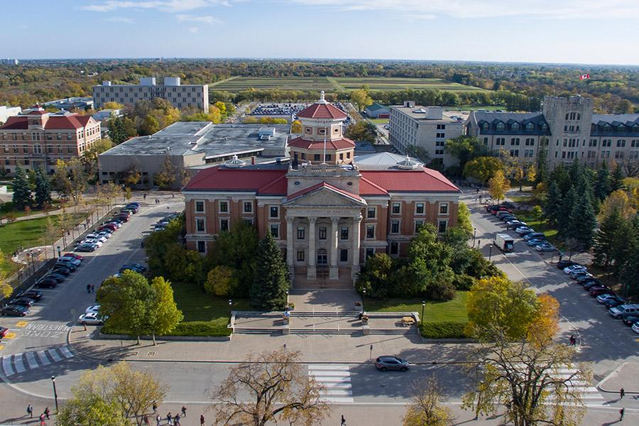 An overhead shot of UM's administration building.