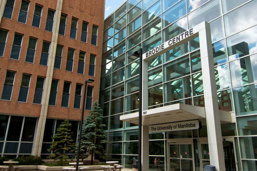 The main, glass-walled entrance of the Brodie Centre at the University’s Bannatyne Campus.