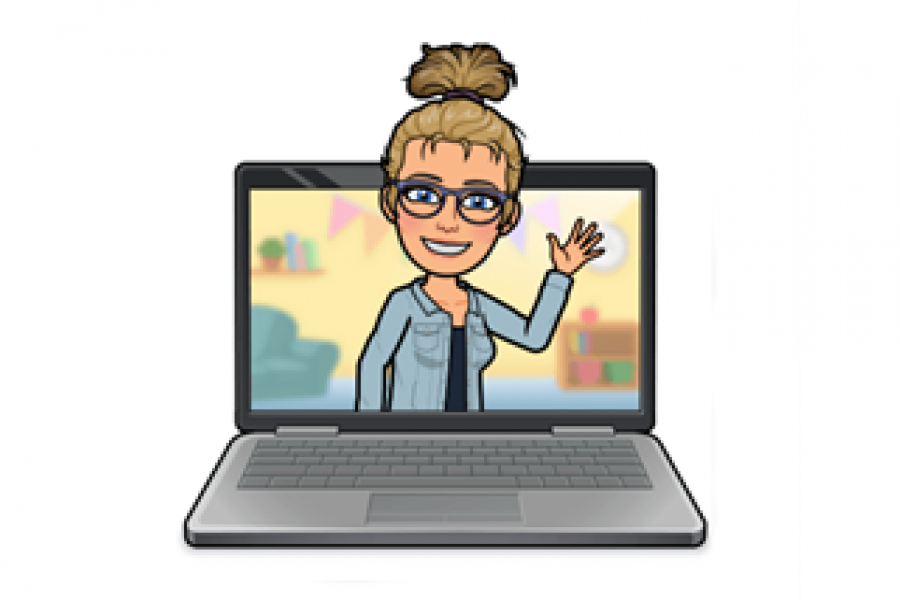 Bitmoji of Lindsey Hiebert, Career Consultant, waving through a laptop screen