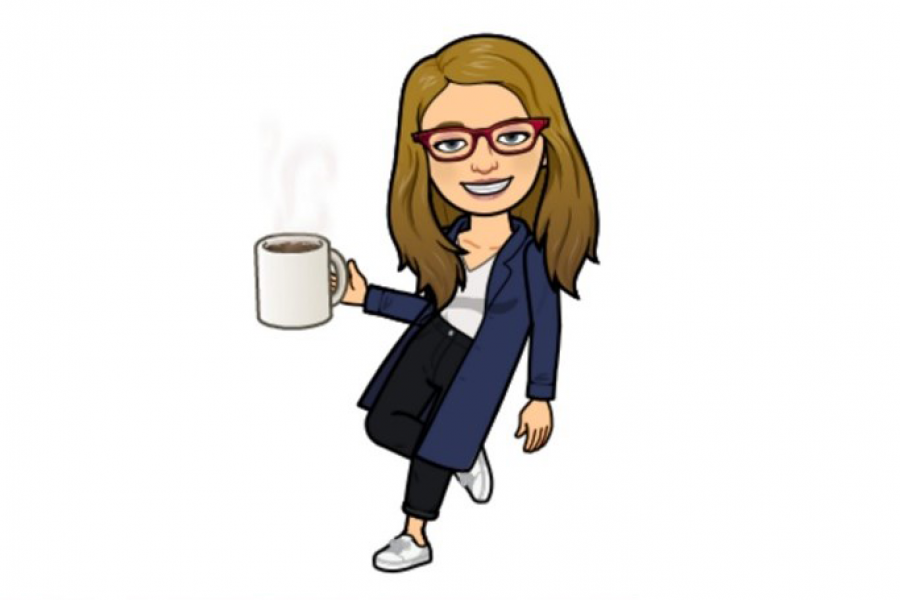 Bitmoji of Stefanie Books, Career Consultant with a mug of coffee