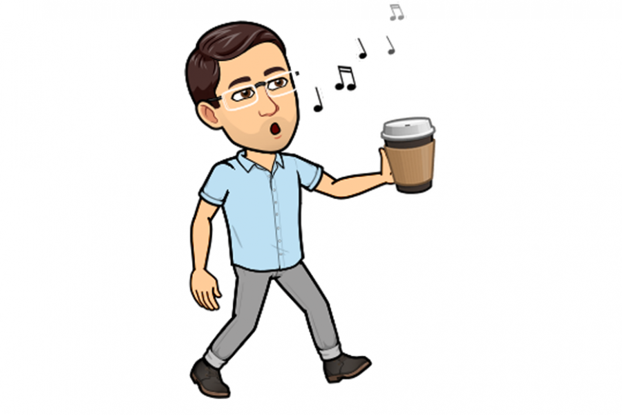 Bitmoji of Trevor Lehmann, Career Consultant, singing with a to-go coffee