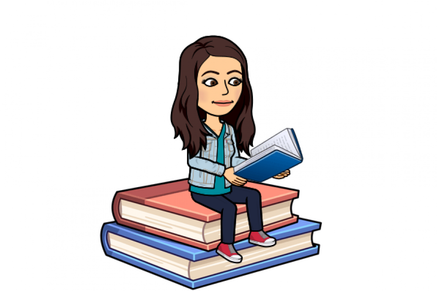 Bitmoji of Lasha Stordeur, Career Advisor & Career Mentor Program Coordinator, reading a book while sitting on a pile of oversized books