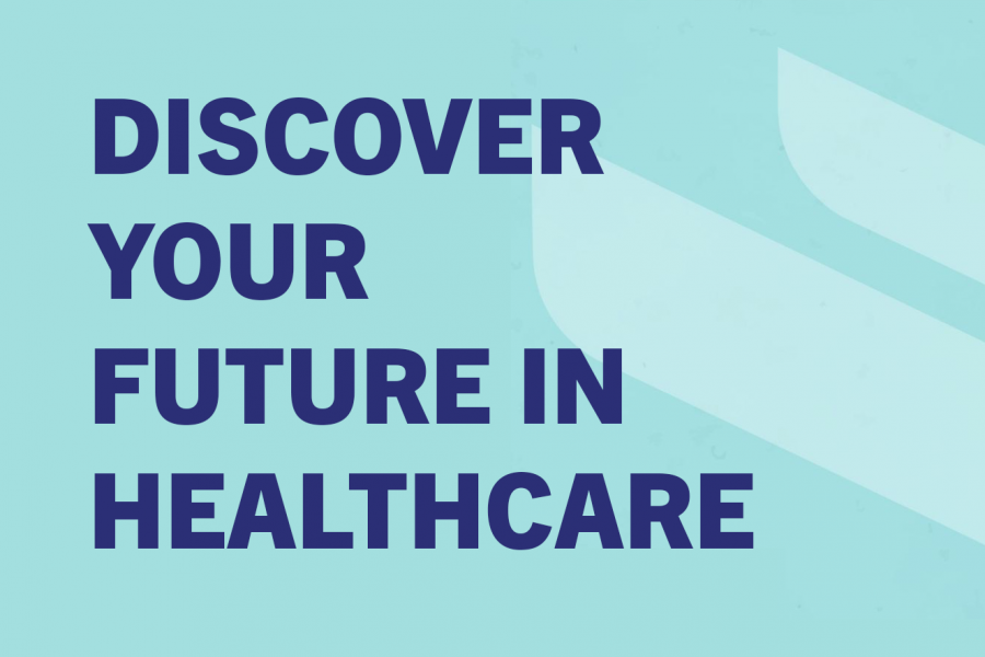 Discover your future in healthcare purple text on blue background