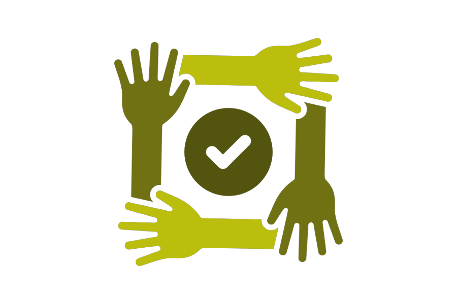 icon of four arms with open hand creating a square, within the square is a checkmark.