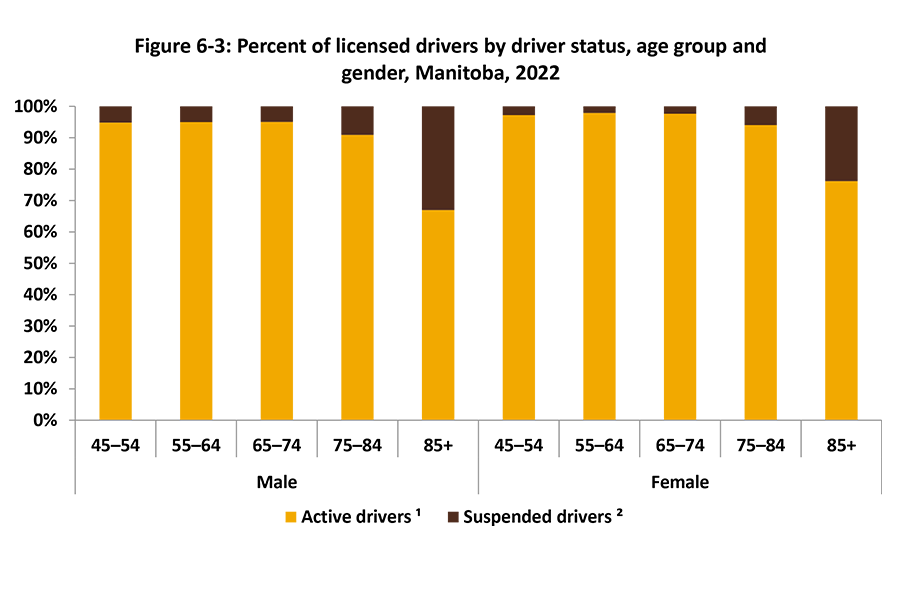 In this vertical bar graph, shown is the percentage of licensed active and suspended driver by gender and those aged 45–54 to age 85 years and older for 2022.