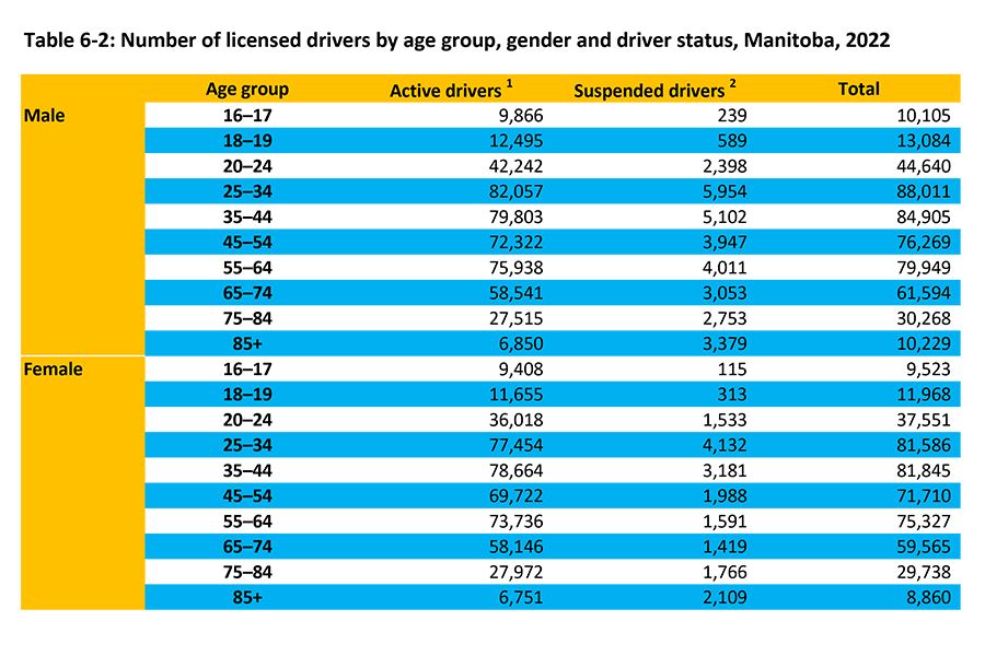 A table showing the number of licensed drivers by age groups from 16 to 17 up to 75 to 84, and drivers age 85 and over, compared by gender, and categorized by active and suspended drivers in Manitoba for 2022.