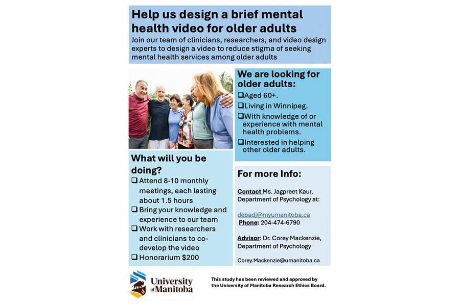 Recruitment poster titled Help us design a brief mental health video for older adults. The University of Manitoba study invites adults aged 60 or older living in Winnipeg, with knowledge or experience of mental health problems, to participate. The poster features a photo of smiling older adults outdoors, the University of Manitoba logo, and a note that the study has ethics board approval.