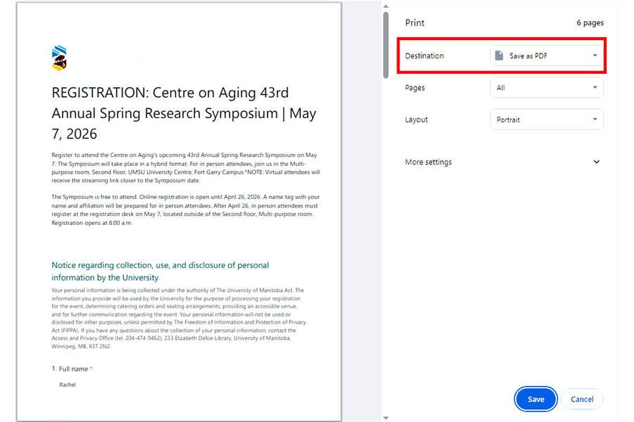 Screenshot of print dialogue box. On right side Logo is a design of a bison walking on a path under the northern lights with a prairie landscape and the flame representing reconciliation below. Image of registration form fields. Beside is the Print dialogue box showing options for printing the form on a computer or saving to PDF.
