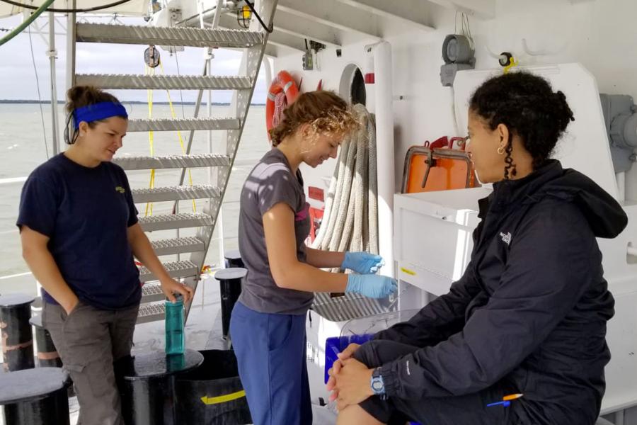 Two scientists observe as a third preserves samples taken from the South Basin of Lake Winnipeg.