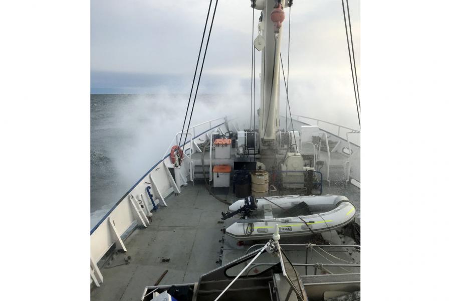 waves crashing over the bow of the MV Namao, Lake Winnipeg's research vessel.